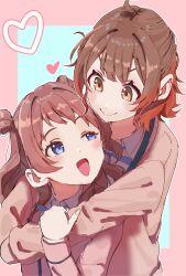 2girls absurdres ahoge amohassan blush border brown_hair brown_jacket commentary_request gakuen_idolmaster gradient_hair hanami_saki hanami_ume hatsuboshi_gakuen_school_uniform heart highres hug hug_from_behind idolmaster jacket looking_at_another multicolored_hair multiple_girls orange_hair pink_border school_uniform siblings sisters smile upper_body v-shaped_eyebrows yuri