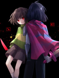 2others :d antenna_hair armor armored_gloves arms_at_sides black_background black_hair black_pants blue_cape bright_pupils brown_shorts cape chara_(undertale) colored_skin commentary_request crossover deltarune feet_out_of_frame from_behind from_below gloves gold_necklace green_sweater grey_gloves grey_skin grin heart heart_necklace highres holding holding_knife holding_sword holding_weapon jewelry kneehighs knees_apart_feet_together knife kris_(dark_world)_(deltarune) kris_(deltarune) leftporygon looking_at_viewer multiple_others necklace open_mouth other_focus pants pink_cape red_eyes short_hair shorts shoulder_armor simple_background smile socks standing striped_cape striped_clothes striped_sweater sweater sword turtleneck turtleneck_sweater two-tone_cape two-tone_sweater undertale weapon white_socks yellow_sweater