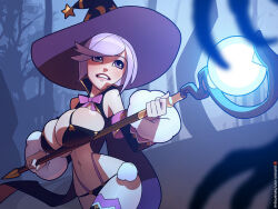 1girl bare_shoulders bikini bikini_warriors black_bikini bow bowtie breasts cape cleavage clenched_teeth cowboy_shot david_goujard detached_sleeves forest grey_hair hat highleg holding holding_staff large_breasts lips mage_(bikini_warriors) nature navel night outdoors panties patreon_username pink_bow purple_eyes revealing_clothes scared short_hair skindentation solo staff standing swept_bangs swimsuit teeth thighhighs tree underwear watermark web_address witch witch_hat