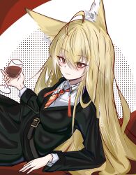 1girl ahoge alcohol animal_ears arknights belt belt_buckle black_belt black_jacket blonde_hair breasts buckle chinese_commentary closed_mouth collared_shirt commentary cup drink drinking_glass facial_scar hair_between_eyes highres holding holding_drink jacket light_smile long_hair long_sleeves looking_at_viewer medium_breasts multicolored_hair necktie orange_necktie scar scar_on_cheek scar_on_face shirt solo streaked_hair tassel vulpisfoglia_(arknights) white_background white_hair white_shirt wine wine_glass xiao_yanwei-scouleri yellow_eyes