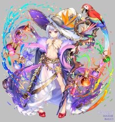 1girl bare_shoulders bird braid breasts copyright_name female_focus fire full_body fur_trim grey_background hat long_hair low-tied_long_hair magic midriff navel parrot potion red_eyes red_footwear silver_hair simple_background small_breasts smile solo spilling staff standing strelitzia_(x-overd) water white_hat witch_hat x-overd yuasa_akira