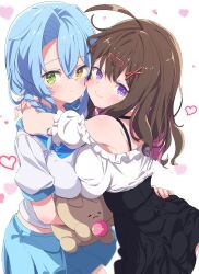 Rule 34 | 2girls, absurdres, ahoge, arms around neck, asymmetrical docking, bare shoulders, black choker, black skirt, blue hair, blue sailor collar, blue skirt, blush, borrowed character, braid, breast press, breasts, brown hair, cheek-to-cheek, choker, closed mouth, colored inner hair, commission, cowboy shot, crossed bangs, frills, green eyes, hair between eyes, hair intakes, hair ornament, hairclip, heads together, heart, heart background, heterochromia, high-waist skirt, highres, holding, holding stuffed toy, hug, large breasts, long hair, looking at viewer, medium hair, midriff peek, miniskirt, multicolored hair, multiple girls, off-shoulder shirt, off shoulder, original, pink hair, pleated skirt, puffy sleeves, purple eyes, sailor collar, school uniform, serafuku, shiro9jira, shirt, short sleeves, simple background, single braid, skeb commission, skirt, smile, stuffed animal, stuffed toy, symmetrical docking, two-tone hair, white background, white shirt, x hair ornament, yellow eyes, yuri