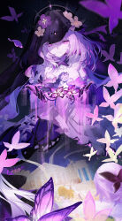 bare_shoulders black_tiara bug butterfly castorice_(honkai:_star_rail) cat_princess closed_mouth dress elbow_gloves flower gloves highres honkai:_star_rail honkai_(series) insect long_hair pointy_ears purple_butterfly purple_eyes purple_gloves purple_hair tiara