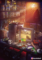 age_of_empires_(series) age_of_empires_i alyx_vance artist_name atari atari_2600 baldur&#039;s_gate battlefield_(series) battlefield_1942 bitten box can cd cd_case chair civilization_(series) coat_rack coca-cola command_&amp;_conquer commentary commodore_64 commodore_pet computer computer_keyboard computer_mouse computer_tower controller counter-strike counter-strike_(series) crt cup cypher_(matrix) day_of_the_tentacle desk desk_lamp deus_ex deus_ex_(2000) diablo diablo_(series) diablo_1 donut doom_(series) doom_i doomguy drink_can duke_nukem duke_nukem_(character) duke_nukem_(series) duke_nukem_3d dungeons_&amp;_dragons dungeons_&amp;_dragons english_commentary everquest fallout fallout_2 film_grain floppy_disk food frodo_baggins game_controller gordon_freeman grand_theft_auto grand_theft_auto:_vice_city grim_fandango half-life half-life_(series) hard_drive headphones headset heart highres imp_(doom) indoors instagram instagram_username joystick lamp lara_croft light_rays loaded_interior magazine_(object) max_payne max_payne_(character) max_payne_(series) microsoft_windows monitor monkey_island morpheus_(matrix) mousepad_(object) mug neo_(the_matrix) no_humans paper_towel pizza_hut poster_(medium) quake_(series) quake_3_arena rachid_lotf scenery shadow silent_hill_(series) silent_hill_2 soda_can sony space_quest speaker star_wars starcraft sticky_note sunbeam sunlight system_shock_2 the_elder_scrolls the_elder_scrolls_iii:_morrowind the_lord_of_the_rings the_matrix tolkien&#039;s_legendarium tomb_raider trinity ufo unreal_tournament warcraft warcraft_iii window_blinds windows_95 windows_classic windows_xp wolfenstein_(series) wolfenstein_3d x-com
