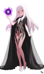 1girl absurdres black_cape blush bodysuit breasts cape chronopattern_dress cleavage commentary commission covered_navel dhokidoki energy_ball english_commentary fire_emblem fire_emblem:_three_houses full_body highres leotard long_hair looking_at_viewer lysithea_von_ordelia meme_attire nintendo pink_eyes revealing_clothes short_sleeves simple_background small_breasts solo white_hair