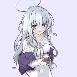 1girl 2_pycat absurdres blue_archive blush closed_mouth commentary_request cup dress hair_between_eyes highres holding holding_cup korean_commentary long_hair looking_at_viewer milk noa_(blue_archive) noa_(pajamas)_(blue_archive) official_alternate_costume purple_eyes purple_shawl shawl sidelocks smile solo white_dress white_hair
