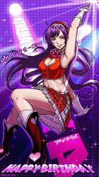 1girl armpits asamiya_athena boots breasts cleavage cleavage_cutout clothing_cutout fingerless_gloves gloves hair_ornament heart heart_cutout idol lipstick long_hair makeup midriff navel psycho_soldier purple_hair red_boots skirt snk solo star_(symbol) star_hair_ornament the_king_of_fighters the_king_of_fighters_2003 very_long_hair