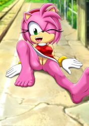absurdres amy_rose bare_legs barefoot bbmbbf bracelet dress eyelashes feet gloves green_eyes hairband hedgehog highres jewelry legs loli lolita_fashion lying medium_hair mobius_unleashed no_panties one_eye_closed open_mouth palcomix perineum pink_fur pink_hair pussy sega smile soles sonic_(series) toes wink