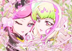 2girls artist_logo bare_shoulders black_gloves black_hair blonde_hair bloom blunt_bangs blurry close-up collar cure_kiss cure_zukyuun depth_of_field earrings finger_gun floral_background floral_print fortissimo gloves gradient_hair green_hair hair_ornament hair_ribbon hair_wings jewelry kamikita_futago kimi_to_idol_precure leaf logo long_hair looking_at_viewer mature_female multicolored_hair multiple_girls musical_note musical_note_hair_ornament one_eye_closed open_mouth parted_bangs pink_hair precure purple_eyes ribbon ribbon-trimmed_collar ribbon_trim sideways_glance upper_body white_gloves wing_hair_ornament zooming_in