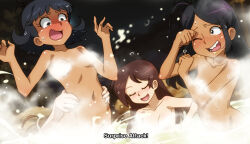 4girls :d ;d antenna_hair black_hair blush breasts breasts_apart brown_hair character_request closed_eyes collarbone commentary convenient_censoring dark-skinned_female dark_skin dutch_angle english_commentary flipped_hair freckles hair_behind_ear hands_on_another&#039;s_hips hands_up highres jcm2 long_hair looking_at_another medium_hair multiple_girls navel night nose_blush nude one_eye_closed onsen open_mouth outdoors parted_bangs partially_submerged shoulder_freckles sid_chang small_breasts smile steam steam_censor stella_zhau subtitled sweat teeth the_casagrandes the_loud_house tongue u_u