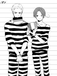 2boys ahoge axis_powers_hetalia bad_id bad_pixiv_id cuffs germany_(hetalia) greyscale handcuffs male_focus monochrome mouth_hold mugshot multiple_boys northern_italy_(hetalia) prison_clothes simekirikowai white_background wink