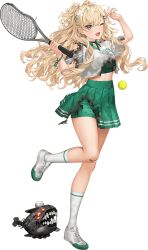1girl abyssal_ship ball bandaid bandaid_on_head bandaid_on_knee bandaid_on_leg bike_shorts_under_skirt blonde_hair bracelet burnt_clothes character_request commentary_request creature crop_top crossed_bandaids full_body green_shorts green_skirt grey_eyes hair_ornament hairclip hoshiakari_(c2_kikan) jewelry kantai_collection long_hair looking_at_viewer midriff miniskirt minneapolis_(kancolle) minneapolis_(tennis)_(kancolle) official_alternate_costume official_art one_eye_closed pleated_skirt racket shirt shorts skirt socks solo tennis_ball tennis_racket tongue tongue_out transparent_background two_side_up undershirt wavy_hair white_shirt white_socks
