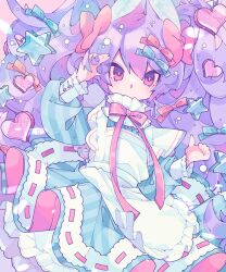 1girl absurdres animal_ears apron blue_bow blue_dress blush bow bright_pupils center_frills commentary cross-shaped_pupils dated_commentary dress eyes_visible_through_hair frilled_sleeves frills hair_between_eyes hair_bow hair_ornament heart heart_hair_ornament highres long_hair long_sleeves looking_at_viewer maid_apron neck_ribbon open_mouth original ozureiji petticoat pink_bow pink_ribbon puffy_long_sleeves puffy_sleeves purple_hair rabbit_ears ribbon ribbon-trimmed_dress ribbon_trim sleeve_cuffs solo star_(symbol) star_hair_ornament striped_clothes striped_dress symbol-only_commentary symbol-shaped_pupils tsurime two-sided_dress two-sided_fabric very_long_hair white_apron white_pupils yume_kawaii
