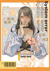 1girl barcode brown_hair collar crop_top cropped_jacket donut earrings english_text food heart highres holding holding_food holographic_clothing jewelry makeup nail_polish necklace original pink_eyes pixels ring solo speech_bubble yksm_ktn