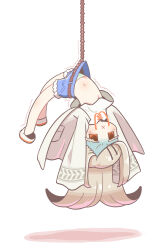 1girl x_mouth camisole chaki_(teasets) commentary_request denim denim_shorts full_body gakuen_idolmaster green_panties grey_hair highres idolmaster jacket long_hair nausea navel orange_eyes panties rope_belt shinosawa_hiro shorts solo suspension underwear upside-down white_camisole