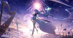 1girl absurdres barefoot black_hairband black_jacket blue_pupils bow collared_shirt cropped_jacket dancing firefly_(honkai:_star_rail) fireworks flower grey_hair hair_between_eyes hair_ribbon hairband harp highres holding holding_fireworks honkai:_star_rail honkai_(series) instrument jacket long_hair looking_at_viewer multicolored_eyes neckerchief orange_neckerchief planted planted_sword planted_weapon ribbon shirt solo sparkler sword thighhighs two-sided_fabric two-sided_jacket two-tone_eyes v-von weapon white_bow white_shirt