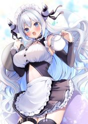 1girl :d apron ayuma_sayu black_dress black_ribbon black_thighhighs blue_eyes blue_hair blush breasts commentary_request cowboy_shot dress fang floating_hair frilled_apron frilled_dress frills hair_between_eyes highres holding holding_pot holding_tray horn_ornament horn_ribbon horns large_breasts long_hair looking_at_viewer maid_headdress multicolored_hair open_mouth original pot ribbon silver_hair single_thighhigh smile solo standing stomach teapot thigh_strap thighhighs tray two-tone_hair very_long_hair waist_apron