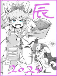 2girls absurdres apron bare_shoulders blue_eyes blush bow breasts curled_horns detached_sleeves dragon_girl dragon_horns dragon_tail dress eliza_the_nine-tattooed_dragon_(fate) elizabeth_bathory_(fate) elizabeth_bathory_(fate/extra) fate/grand_order fate_(series) greyscale hair_bow hair_ribbon halter_dress halterneck high_ponytail highres horns jewelry layered_skirt long_hair looking_at_viewer monochrome multiple_girls necklace open_mouth pointy_ears ponytail ribbon shirt short_shorts shorts sidelocks skirt sleeveless sleeveless_shirt small_breasts smile spoken_squiggle spot_color squatting squiggle tail thighhighs thighs translation_request two_side_up wide_sleeves zakio