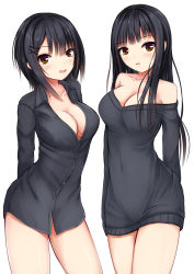 2girls :d arms_behind_back bare_shoulders black_hair black_shirt black_sweater blunt_bangs blush bottomless breasts brown_eyes buttons cleavage collarbone collared_shirt contrapposto covered_navel cowboy_shot dress dress_shirt from_side groin hair_between_eyes hair_ornament hairclip highres hip_focus kurokami_(kurokaminohito) large_breasts legs_apart legs_together long_hair long_sleeves looking_at_viewer multicolored_eyes multiple_girls naked_shirt naked_sweater no_bra off_shoulder open_mouth original parted_lips purple_eyes shirt short_hair sidelocks simple_background smile standing straight_hair sweater sweater_dress white_background x_hair_ornament yellow_eyes