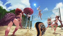 2024 5girls ass barefoot bat_girl beach beach_umbrella bikini black_hair blue_bikini blue_sky breasts brown_hair chair cloud dated dog_girl dragon_girl dragon_horns dragon_tail eyepatch geega_(vtuber) grape_(vtuber) green_bikini highres horns huge_breasts indie_virtual_youtuber large_breasts lens_flare lifeguard_chair medium_breasts mint_castella moriko_kyoho multicolored_bikini multiple_girls nina_saotome one-piece_swimsuit plump ponytail purple_bikini purple_scales red_eyes red_hair roober sand short_hair sky small_breasts sonic_boom_(speed) sun swimsuit tail umbrella virtual_youtuber volleyball volleyball_net white_bikini white_hair white_one-piece_swimsuit