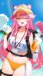 Rule 34 | 1girl, absurdres, alcohol, animal ears, aotake iro, backpack, bag, beer, belt, bikini, black bag, black belt, blue sky, blush, breasts, cleavage, cloud, cloudy sky, collarbone, commentary, cup, day, english commentary, eyeshadow, fang, fingernails, foam, hair intakes, hat, highres, holding, holding cup, hololive, hololive english, large breasts, lens flare, long hair, looking at viewer, makeup, multicolored hair, nail polish, navel, no pants, open mouth, outdoors, panther ears, panther girl, panther tail, pink hair, pink nails, raora panthera, red eyeshadow, revision, ribbed shirt, see-through hat, shirt, sky, smile, solo, stomach, streaked hair, sweat, swimsuit, tail, thighs, towel, uriko (baseball), virtual youtuber, visor cap, watch, white shirt, wristwatch, yellow bikini, yellow eyes, yellow hat