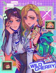 ... 2girls absurdres belt black_eyes black_shirt blonde_hair blue_eyes blue_sweater breasts brown_hair chinese_commentary cropped_shirt drawn_bow earrings green_jacket grey_shorts hair_intakes hand_on_another&#039;s_hip heart heart_necklace highres holding holding_phone initial_d jacket jewelry juliet_sleeves long_hair long_sleeves medium_breasts midriff multiple_girls navel necklace off_shoulder phone pink_belt pink_nails puffy_sleeves satou_mako sayuki_(initial_d) shirt short_shorts shorts smile speech_bubble spoken_ellipsis star_(symbol) star_earrings sweater turtleneck turtleneck_sweater window_(computing) yejian_feixing