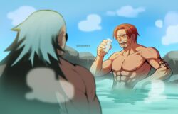 2boys absurdres alcohol arm_tattoo bath facial_hair glasses highres laughing male_focus multiple_boys muscular muscular_male mustache nipples onsen outdoors red_hair sake scar scopper_gaban shanks_(one_piece) smoke tattoo toned toned_male topless_male water wize_(hizewiro)