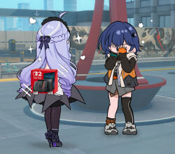 2girls ascot bandana belle_(zenless_zone_zero) belt black_shirt black_skirt blue_hair bow bowtie covering_own_eyes crossed_bangs drill_hair facing_another facing_away fingerless_gloves from_behind gloves hair_ornament heart high_heels highres letter_hair_ornament long_hair looking_at_another metal_hairband multiple_girls nintendo_switch nintendo_switch_2 orange_bandana orange_belt orange_gloves orange_socks pointy_ears purple_ascot purple_bow purple_bowtie purple_hair sashacall shirt short_hair shrug_(clothing) single_fingerless_glove single_thighhigh skirt socks sparkle thighhighs vivian_banshee white_shrug zenless_zone_zero