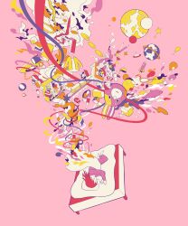 1girl ?_block abstract absurdres barefoot bed book box bridge closed_eyes dice dolphin flat_color flying_saucer heart hebitsukai highres incredibly_absurdres lamp limited_palette long_hair open_book original pants pencil pink_background planetary_ring purple_pants purple_shirt red_hair rocket shirt sleeping solo spacecraft star_(symbol) surreal train tree ufo very_wide_shot