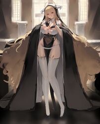 1girl absurdres altar arch azur_lane bare_shoulders black_footwear black_gloves blonde_hair breasts church cleavage cross fake_horns gloves habit hair_between_eyes highres horns huge_breasts implacable_(azur_lane) indoors large_breasts long_hair looking_at_viewer lump_saury nun pelvic_curtain pillar red_eyes revealing_clothes solo thighhighs tongue tongue_out veil very_long_hair white_horns white_thighhighs window