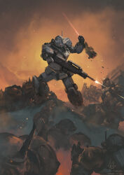 artist_name assault_visor battle commentary_request dated doom_(series) doom_cover_parody doom_i energy_sword firing gm_quel gun gundam highres holding holding_gun holding_sword holding_weapon mecha mecha_focus no_humans orange_visor robot severed_arm severed_limb signature sword weapon windforcelan zaku_ii