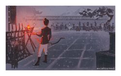 1boy archery artist_name blue_shirt boots border bow_(weapon) brazier brown_boots brown_hair brown_tunic chinese_clothes commentary courtyard english_commentary enilehtnorevol feng_xin from_behind glowing grey_background grey_theme hair_bun holding holding_bow_(weapon) holding_weapon layered_clothes long_sleeves orange_light outdoors pants quiver shirt single_hair_bun snow solo standing target target_practice tianguan_cifu tile_floor tiles tree tunic weapon white_border white_pants wide_shot winter