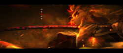 1boy cape embers fire highres holding holding_sword holding_weapon kaidou_kon katana kimetsu_no_yaiba looking_at_another male_focus multicolored_hair orange_eyes rengoku_kyoujurou smile smoke solo sword thick_eyebrows weapon