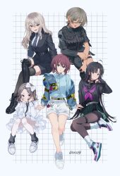 5girls absurdres ahoge asymmetrical_footwear asymmetrical_legwear awa_subaru belt black_belt black_boots black_choker black_hair black_jacket black_nails black_necktie black_pantyhose black_sailor_collar black_shirt black_shorts black_socks black_vest blue_eyes blue_jacket blue_shirt blush boots bow brown_hair choker closed_mouth collared_shirt commentary dark-skinned_female dark_skin dress dress_shirt earrings ebizuka_tomo girls_band_cry green_eyes green_hair green_skirt grey_background grey_eyes grey_hair grey_thighhighs hair_bow hair_ornament hairband hairclip hands_on_own_cheeks hands_on_own_face highres invisible_chair iseri_nina jacket jewelry kawaragi_momoka kuji_(orca9ji) load_bearing_vest long_hair long_sleeves looking_at_viewer low_twintails lower_teeth_only mole mole_under_eye multicolored_hair multiple_girls nail_polish neckerchief necktie o-ring o-ring_choker open_mouth pantyhose pinstripe_necktie plaid_clothes plaid_skirt pleated_skirt purple_background purple_eyes purple_neckerchief purple_shoes red_eyes roots_(hair) rupa_(girls_band_cry) sailor_collar shirt shoes short_hair short_twintails shorts sidelocks simple_background single_off_shoulder single_thigh_boot sitting skirt smile socks teeth thigh_boots thigh_strap thighhighs three-quarter_sleeves togenashi_togeari twintails unmei_no_hana_(girls_band_cry) vest white_background white_bow white_dress white_hairband white_pantyhose white_shoes white_shorts white_socks