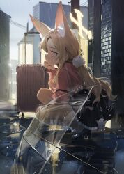 1girl absurdres alternate_costume animal_ear_fluff animal_ears black_skirt blonde_hair blue_archive commentary extra_ears fox_ears halo highres long_hair long_sleeves outdoors pepperdevil pink_shirt rain rolling_suitcase seia_(blue_archive) shirt skirt solo squatting suitcase suspender_skirt suspenders transparent transparent_umbrella twintails umbrella yellow_halo