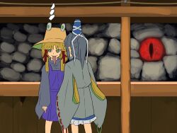 Rule 34 | 2girls, animal, blonde hair, blue hat, brown hat, closed mouth, commentary request, cowboy shot, dress, green eyes, grey robe, grey shirt, hair ribbon, hat, high ponytail, highres, indoors, japanese clothes, kariginu, long hair, long tongue, looking at another, mishaguji, mononobe no futo, moriya suwako, multiple girls, oversized animal, pinafore dress, ponytail, purple dress, red eyes, red ribbon, ribbon, ritsuzou, robe, shide, shirt, sleeveless, sleeveless dress, slit pupils, smile, snake, tate eboshi, tongue, tongue out, touhou, white snake