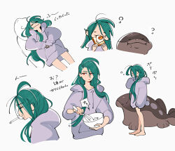 1girl ahoge alternate_costume alternate_hairstyle barefoot bowl bread clodsire closed_eyes closed_mouth commentary_request ear_piercing eating egg_(food) eyelashes food green_hair grey_hoodie hair_down holding holding_bowl holding_food holding_whisk hood hood_down hoodie logi_bunbukucha long_hair long_sleeves lying mixing_bowl multiple_views nintendo no_pants piercing pokemon pokemon_(creature) pokemon_sv red_eyes rika_(pokemon) simple_background sleeves_past_fingers sleeves_past_wrists smile standing translation_request whisk white_background