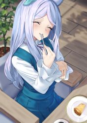 1girl alternate_costume animal_ears aqua_bow blue_dress blurry blurry_background bow cake closed_eyes closed_mouth commentary_request cup cushion dress ear_bow food fork highres holding holding_fork horse_ears horse_girl indoors long_hair long_sleeves mejiro_mcqueen_(umamusume) mosamune plant plate potted_plant purple_hair saucer shadow sitting smile solo table teacup umamusume utensil_in_mouth wooden_chair wooden_floor wooden_table