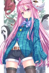 1girl belt blue_bow blue_bowtie blue_shirt blue_shorts blush bow bowtie breasts casual collared_shirt commentary_request day expressionless from_below hair_between_eyes hata_no_kokoro highres kokoro_day legs_apart light_frown long_hair looking_at_viewer looking_down mask mask_on_head outdoors plaid_clothes plaid_shirt shirt short_shorts shorts small_breasts solo standing thighhighs touhou uumaru very_long_hair very_long_sleeves wide_sleeves