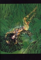 1girl armpits barefoot black_hair breasts clamp female_focus green_theme kanoe_(x) kanoe_(x/1999) letterboxed long_hair nipples nude official_art plant_roots solo very_long_hair x/1999 x_(manga)