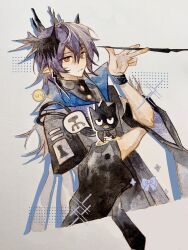 Rule 34 | 1boy, absurdres, arknights, black coat, bright pupils, chinese commentary, closed mouth, coat, commentary request, creature, grey hair, hair between eyes, highres, holding, infection monitor (arknights), logos (arknights), long hair, looking at viewer, male focus, meme, nib pen (object), orange eyes, pen, purple hair, rhodes island stool racing competition (meme), ringed eyes, solo, uuo1 (faraway34878), white pupils, wide sleeves