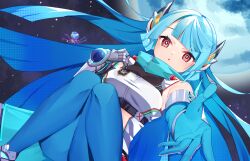 1girl adamski_s-rank_space aqua_hair breasts detached_sleeves duel_masters duel_masters_play&#039;s elbow_gloves expressionless gloves highres long_hair looking_at_viewer medium_breasts moon outstretched_arm outstretched_hand pantyhose reaching reaching_towards_viewer red_eyes space squatting very_long_hair yayoi_asuka
