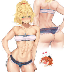 2girls abs absurdres anger_vein ass back bandeau bare_shoulders belt blonde_hair blue_shorts blush braid breasts clenched_teeth cutoffs deccatezu denim denim_shorts fate/apocrypha fate/grand_order fate_(series) fujimaru_ritsuka_(female) green_eyes highres jewelry long_hair looking_to_the_side micro_shorts mordred_(fate) mordred_(memories_at_trifas)_(fate) multiple_girls multiple_views navel necklace orange_hair parted_bangs ponytail riyo_(lyomsnpmp)_(style) short_hair shorts sidelocks small_breasts teeth thighs
