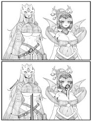 Rule 34 | 2girls, 2koma, beelstarmon, belt, between breasts, border, breasts, cleavage, comic, digimon, eyeshadow, female focus, highres, large breasts, lilithmon, long hair, looking at viewer, makeup, mask, midriff, monochrome, multiple girls, navel, pointy ears, smile, standing, tagme, underboob, wanderjegson, white background, white border, wide hips