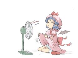 1girl =_= ascot bat_wings bifidus_(exkagerou8665) blue_hair bow closed_eyes clothes_lift dress electric_fan full_body hat hat_ribbon highres mob_cap on_floor open_mouth pink_dress pink_hat red_ascot red_ribbon red_shoes remilia_scarlet ribbon shoes short_hair sitting skirt skirt_lift socks solo touhou wariza white_background white_socks wings