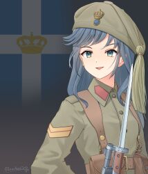 1girl absurdres ammunition_pouch aqua_eyes artist_name bayonet belt beret blue_hair brown_belt commentary flag_background greece greek_flag green_hat green_jacket gun hat highres jacket leochan1202 long_hair military military_rank_insignia military_uniform open_mouth original pouch rifle smile soldier solo upper_body weapon world_war_ii