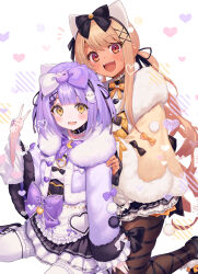 2girls animal_ears black_bow black_pantyhose blonde_hair blush bow commentary_request fake_animal_ears frilled_skirt frills ghost_hair_ornament hair_bow hair_ornament hair_tie heart highres kaminari_qpi kneeling kurebayashi_noe long_hair looking_at_viewer multiple_girls open_mouth orange_eyes orange_nails pantyhose purple_bow purple_hair purple_nails shinomiya_runa sitting skirt teeth two-tone_bow upper_teeth_only v virtual_youtuber vspo! white_background white_bow x_hair_ornament yellow_eyes
