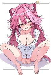 1girl animal_ears artist_name asami-chan black_panties blush breasts cleavage closed_mouth collarbone commentary hair_intakes highres hololive hololive_english knees_up large_breasts long_hair long_sleeves looking_at_viewer multicolored_hair panther_ears panther_girl panther_tail panties pink_hair raora_panthera revision shirt simple_background sitting smile solo streaked_hair sweat tail thighs two-tone_hair underwear virtual_youtuber watermark white_background white_shirt yellow_eyes