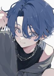 1boy black_nails black_shirt blue_eyes blue_hair chain chain_necklace closed_mouth ear_piercing earrings grey_jacket hair_between_eyes highres jacket jewelry looking_at_viewer male_focus mole mole_under_eye nail_polish necklace off_shoulder original piercing shirt short_hair simple_background sleeveless sleeveless_shirt smile solo tofu_momen5 upper_body white_background