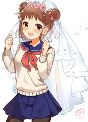1girl blue_sailor_collar blue_skirt blush bow breasts bridal_veil brown_eyes brown_hair brown_pantyhose brown_ribbon cowboy_shot dot_nose double_bun flower flower_wreath hair_bow hair_bun hair_ribbon hands_up highres holding_veil idolmaster idolmaster_cinderella_girls idolmaster_cinderella_girls_starlight_stage long_sleeves looking_at_viewer mmmakaron888 munakata_atsumi neckerchief open_mouth pantyhose petals pink_flower pink_ribbon pleated_skirt red_neckerchief ribbon sailor_collar school_uniform see-through_clothes see-through_veil short_hair signature simple_background skirt small_breasts smile solo standing sweater veil white_background white_flower white_sweater